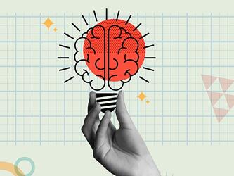 Hand holding lightbulb brain in retro style